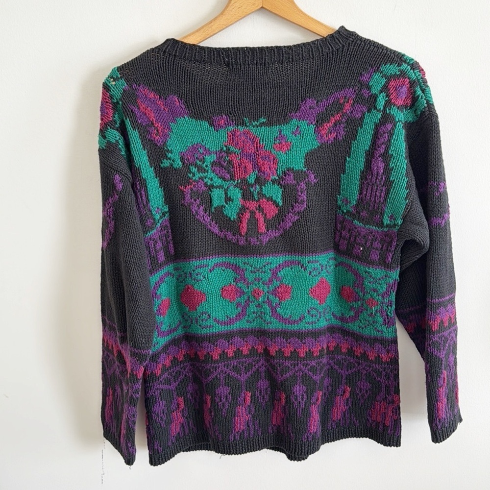 Vintage 90s black printed grandma core long sleeve chunky ramie cotton sweater M - Picture 3 of 4